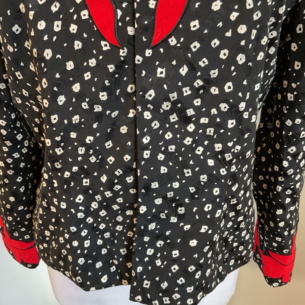 Vintage Julie Francis 100% Silk Blouse 12 Black White Dot Red Embroidered Leaf - Picture 4 of 8